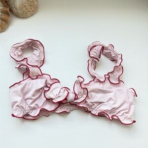 Frankie’s bikinis Pink Ruffled Bikini Top with Red Trim